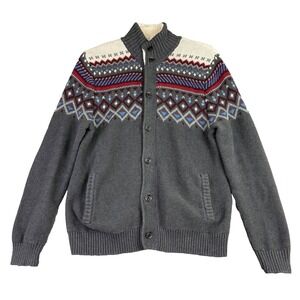 Goodfellow Mens L Gray‎ Cardigan Sweater Fair Isle Knit Sherpa Collar Button Up